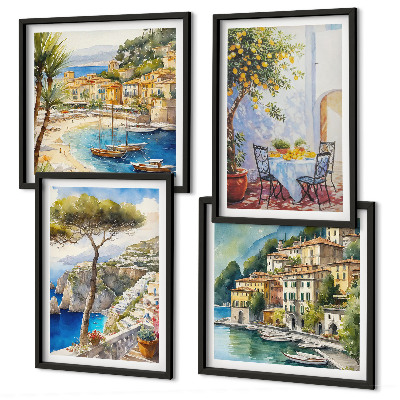 Set of 4 wall art pieces Italian towns watercolor