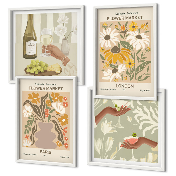 Set of 4 wall art pieces Floral patterns from European cities