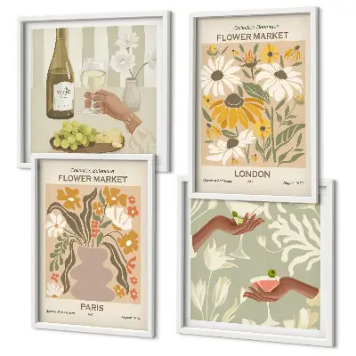 Set of 4 floral wall art pieces inspired by European city patterns