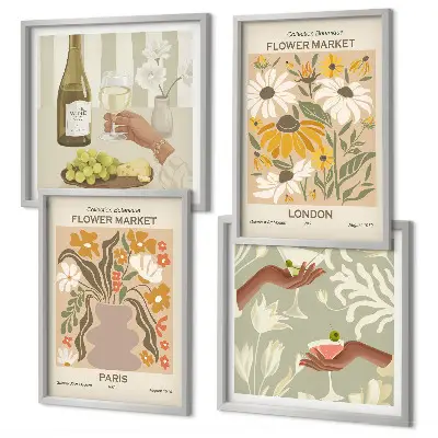 Set of 4 floral wall art pieces inspired by European city patterns