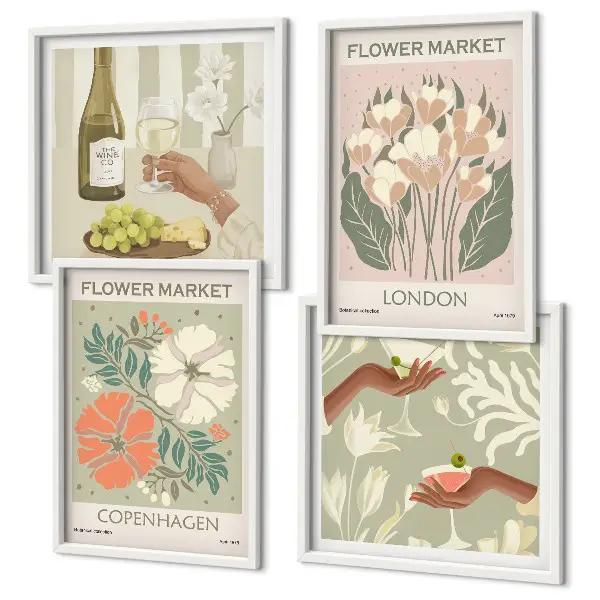 Floral wall art set featuring wine city motifs
