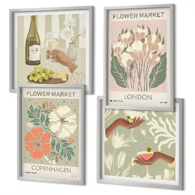 Floral wall art set featuring wine city motifs