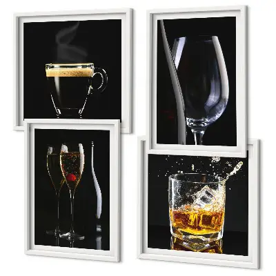 Wall art set featuring whiskey, wine, champagne, and coffee themes