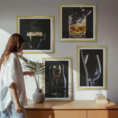 Wall art set featuring whiskey, wine, champagne, and coffee themes