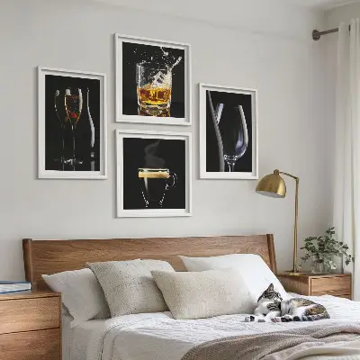 Wall art set featuring whiskey, wine, champagne, and coffee themes