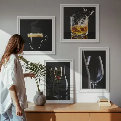 Wall art set featuring whiskey, wine, champagne, and coffee themes