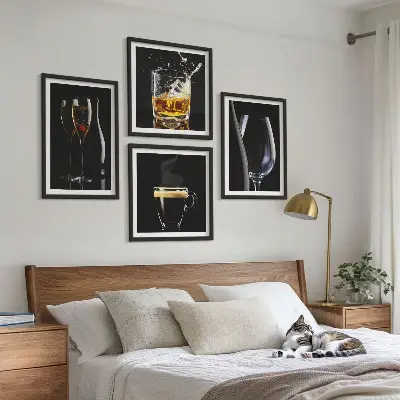 Wall art set featuring whiskey, wine, champagne, and coffee themes