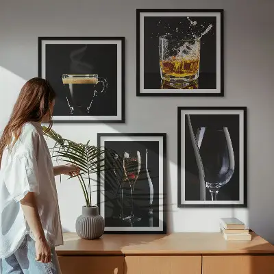 Wall art set featuring whiskey, wine, champagne, and coffee themes