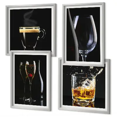 Wall art set featuring whiskey, wine, champagne, and coffee themes