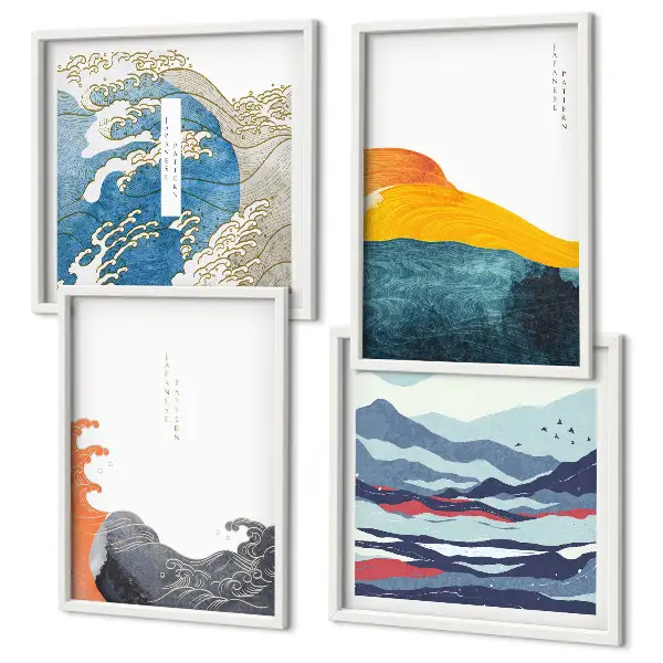 Japanese Waves Art Wall Decor set of 4 graphic prints
