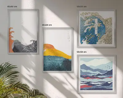 Japanese Waves Art Wall Decor set of 4 graphic prints