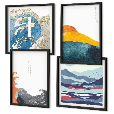 Japanese Waves Art Wall Decor set of 4 graphic prints
