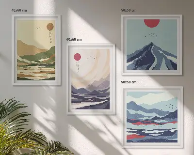 Wall art set pastel mountains in a Japandi style
