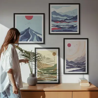 Wall art set pastel mountains in a Japandi style