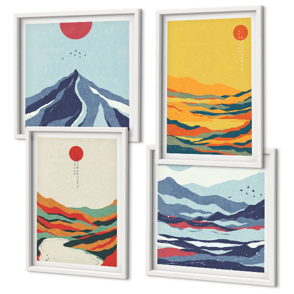 Set of 4 wall art pieces Colorful abstract river mountains