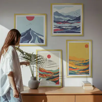 Colorful abstract river mountains wall art set of 4 pieces