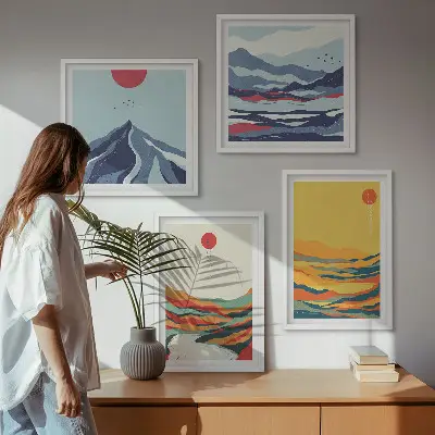 Colorful abstract river mountains wall art set of 4 pieces