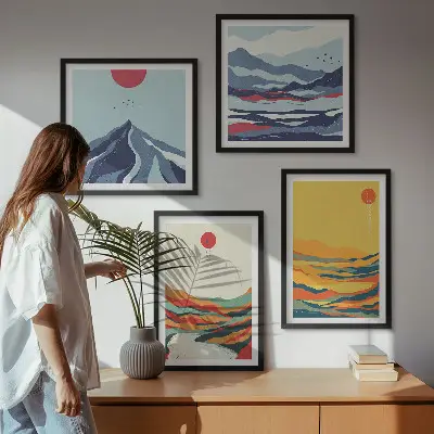 Colorful abstract river mountains wall art set of 4 pieces