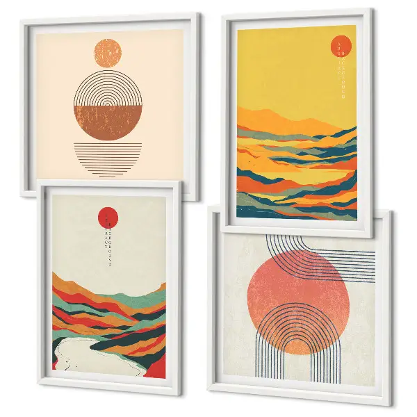 Wall art set colorful Japandi river and mountain patterns
