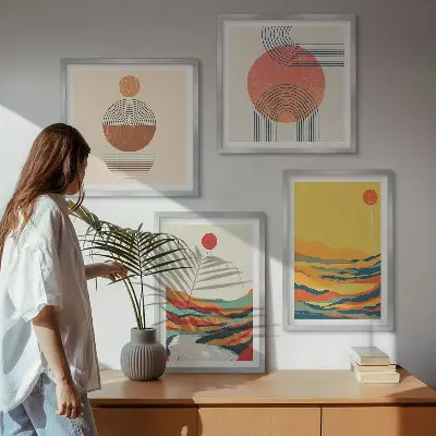 Wall art set colorful Japandi river and mountain patterns