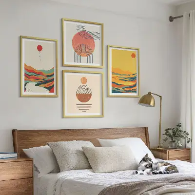 Wall art set colorful Japandi river and mountain patterns