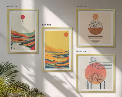 Wall art set colorful Japandi river and mountain patterns