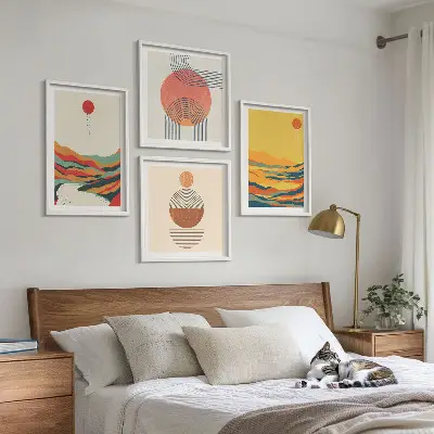 Wall art set colorful Japandi river and mountain patterns