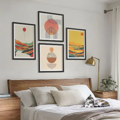 Wall art set colorful Japandi river and mountain patterns