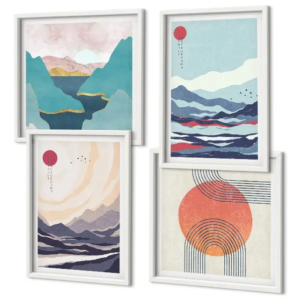 Set of 4 wall art pieces Japanese mountain landscapes