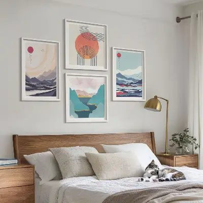 Set of 4 wall art pieces Japanese mountain landscapes