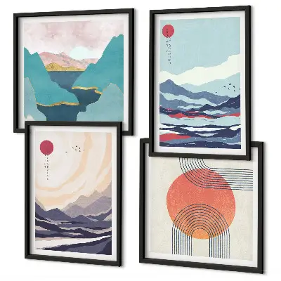 Set of 4 wall art pieces Japanese mountain landscapes
