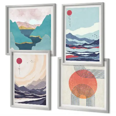 Set of 4 wall art pieces Japanese mountain landscapes