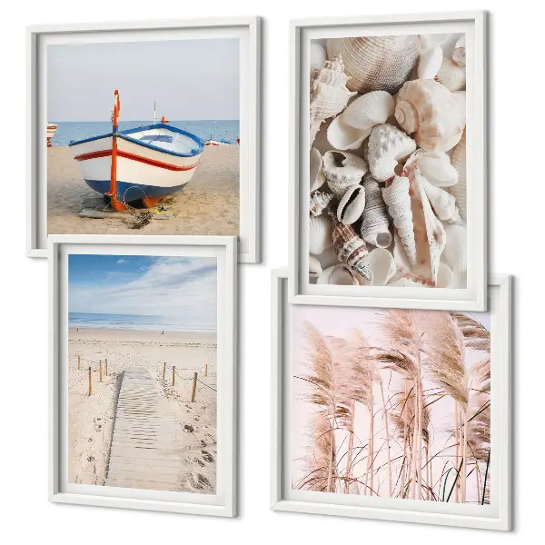 Multi-piece wall decor set featuring a beach boat shells and grass boho theme