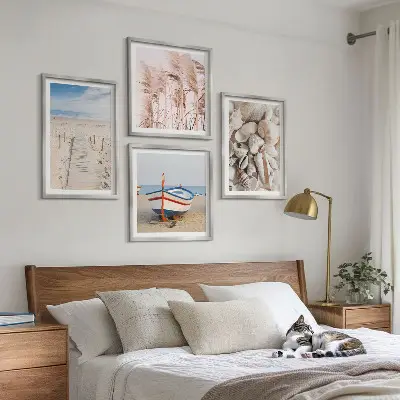 Multi-piece wall decor set featuring a beach boat shells and grass boho theme
