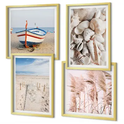 Multi-piece wall decor set featuring a beach boat shells and grass boho theme