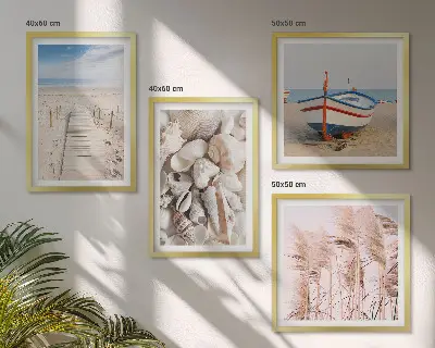 Multi-piece wall decor set featuring a beach boat shells and grass boho theme