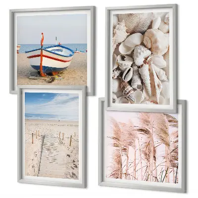 Multi-piece wall decor set featuring a beach boat shells and grass boho theme