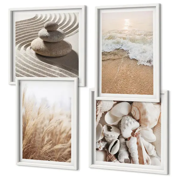 Set of 4 wall art pieces featuring beach motifs with shells and waves