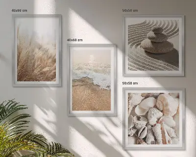 Set of 4 wall art pieces featuring beach motifs with shells and waves
