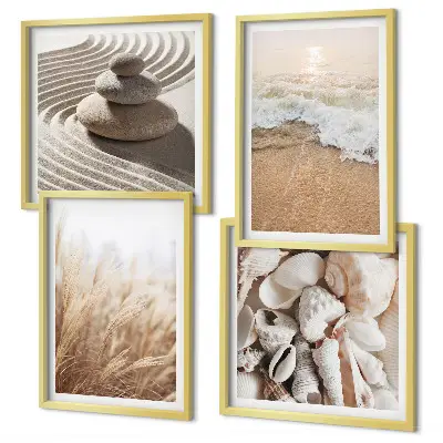 Set of 4 wall art pieces featuring beach motifs with shells and waves
