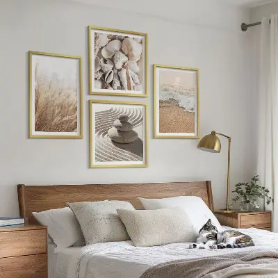 Set of 4 wall art pieces featuring beach motifs with shells and waves