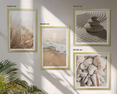 Set of 4 wall art pieces featuring beach motifs with shells and waves