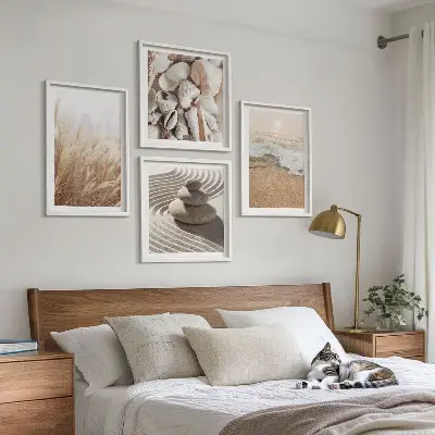 Set of 4 wall art pieces featuring beach motifs with shells and waves