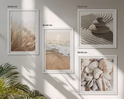 Set of 4 wall art pieces featuring beach motifs with shells and waves