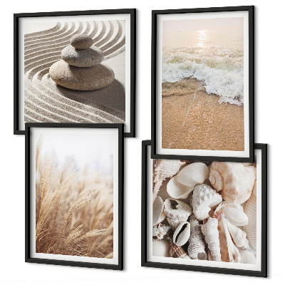 Set of 4 wall art pieces Beach motifs shells waves