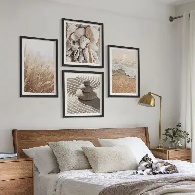 Set of 4 wall art pieces featuring beach motifs with shells and waves