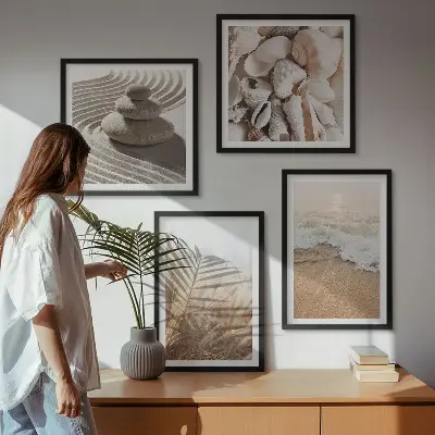 Set of 4 wall art pieces featuring beach motifs with shells and waves