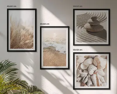 Set of 4 wall art pieces featuring beach motifs with shells and waves