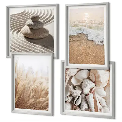 Set of 4 wall art pieces featuring beach motifs with shells and waves