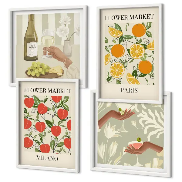 Multi-piece wall decor set featuring flowers and European cities like Milan and Paris